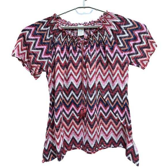 Faded Glory Boho Top Plus 1X 16W Pink Brown Zigzag Peasant Style Short Sleeve - Picture 1 of 7